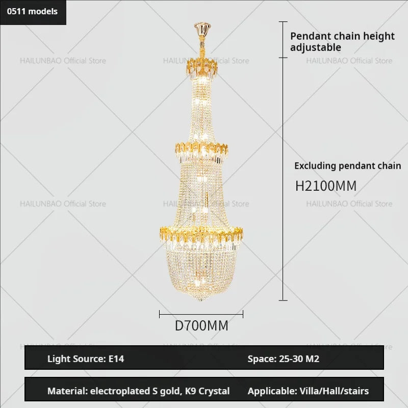 Crystal Chandelier: Luxury Duplex Hotel Living Room Stairwell Design