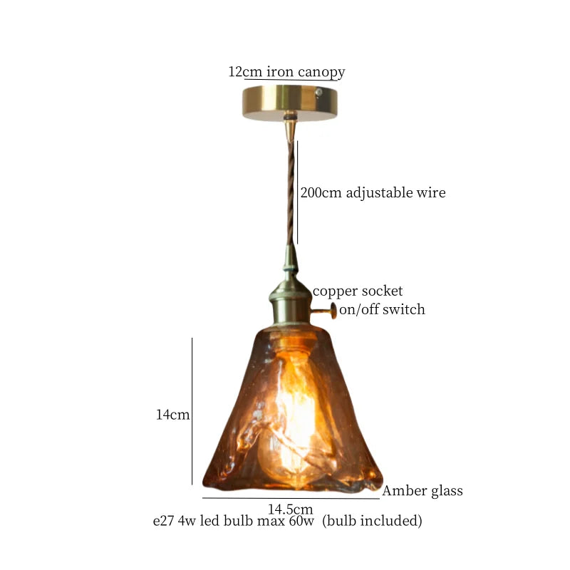 Brass Amber Glass LED Pendant Light for Restaurant Bedside Kitchen Loft Bar