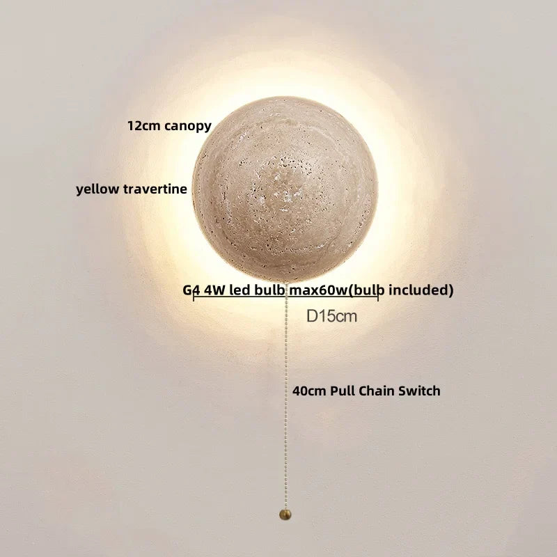 White Glass LED Wall Lights Yellow Travertine Stone Modern Disc Switch Bedside Lamp