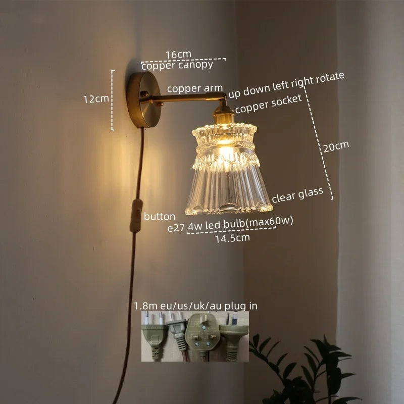 Vintage LED Wall Light Glass Copper Applique Da Parete