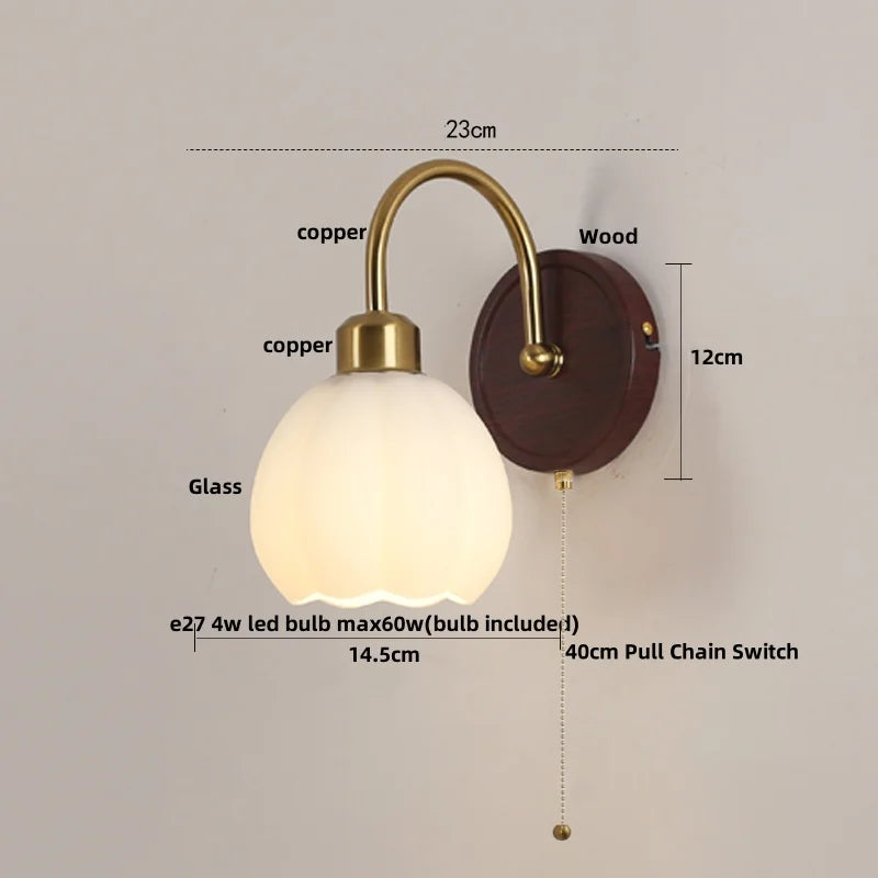 Glass LED Wall Sconce with Pull Chain Switch for Hallway, Bedroom, and Foyer