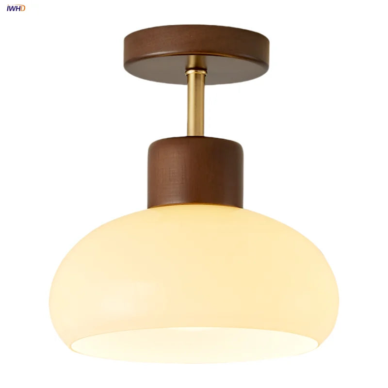 Pale Yellow Glass Wood LED Ceiling Lights Flush Mounted Round Nordic Modern
