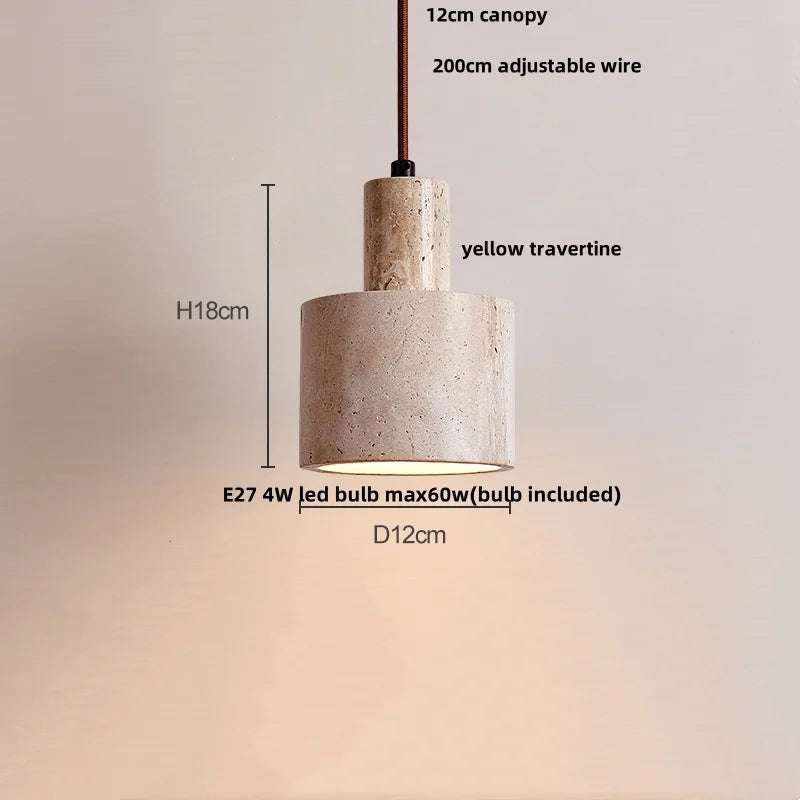 Yellow Travertine Stone Pendant Lamp for Bedroom Balcony Cafe, 2m Wire, Nordic Modern Style