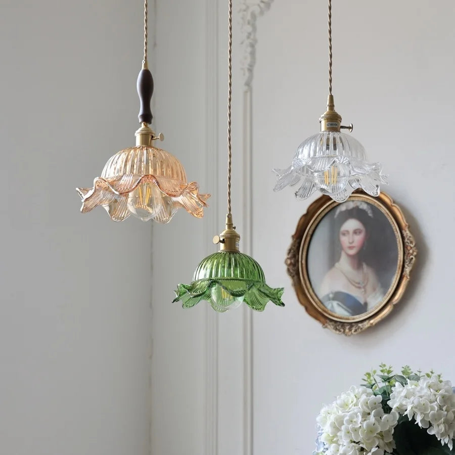 Afralia™ Nordic LED Flower Glass Pendant Light Fixture with Walnut Wood - Amber Glass