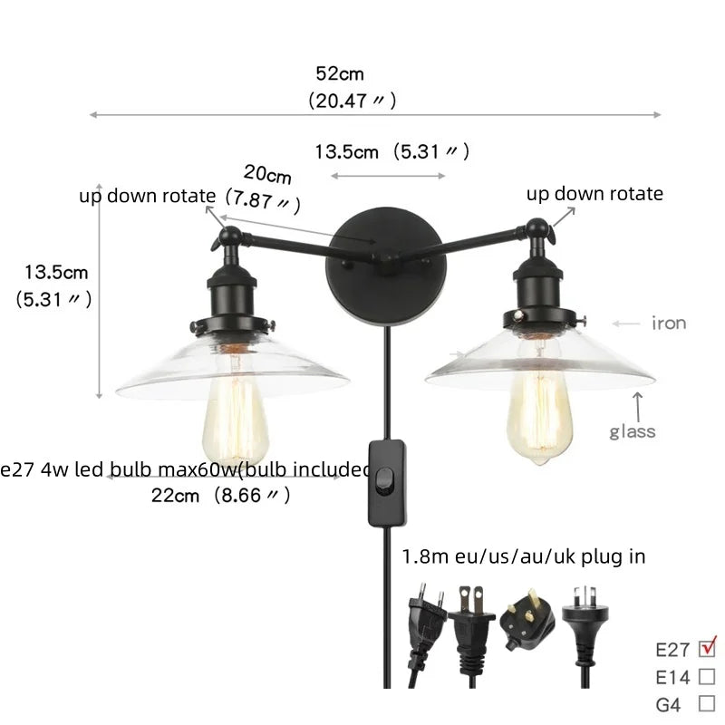 Industrial LED Wall Light Fixture with Pull Chain Switch, 2 Heads Bedside Lamp