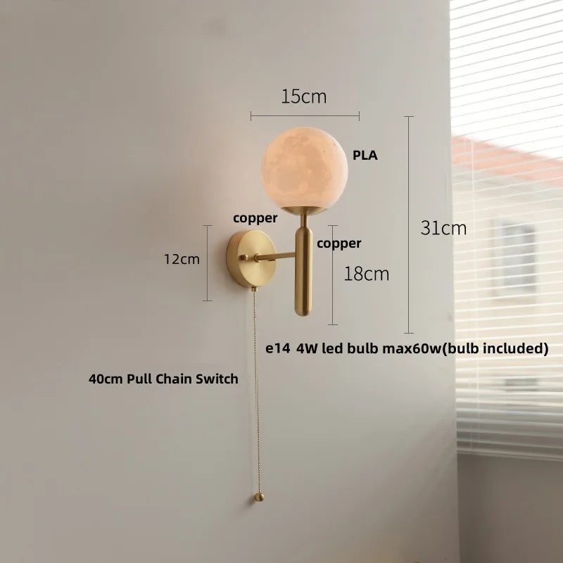 White Glass LED Wall Sconce with Pull Chain Switch, Modern Copper Base Mirror Light