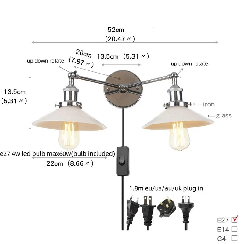 Glass 2-Light Wall Sconce with Pull Chain Switch for Bedroom and Bathroom