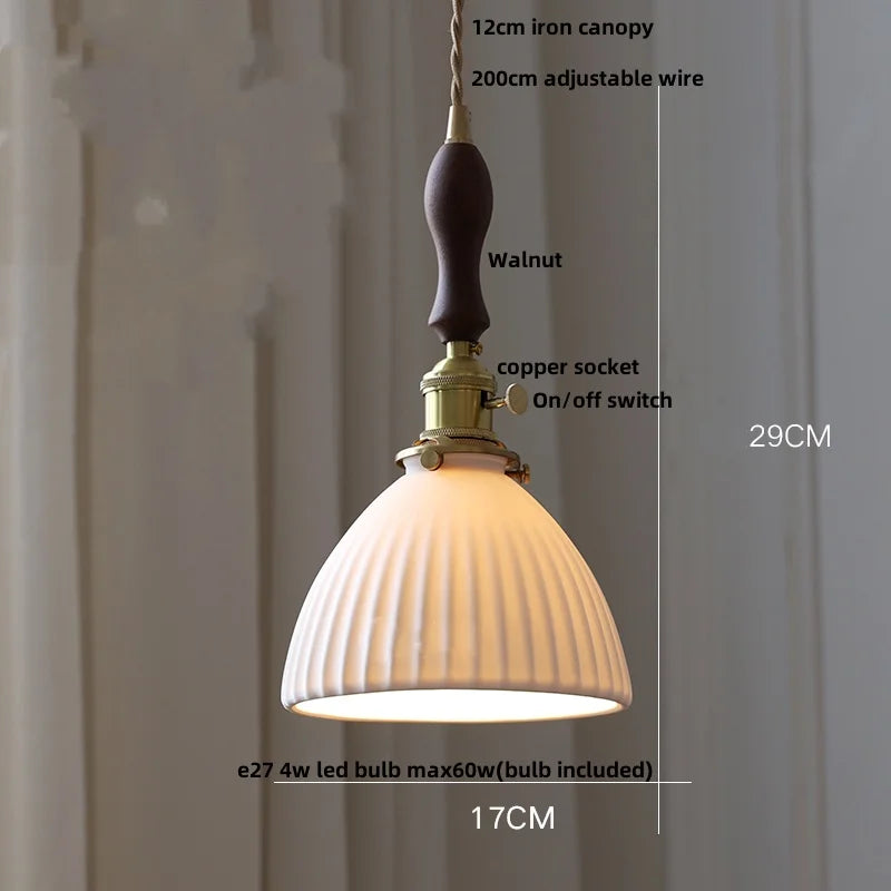 Nordic LED Pendant Light White Ceramic Walnut Wood Hanging Lamp