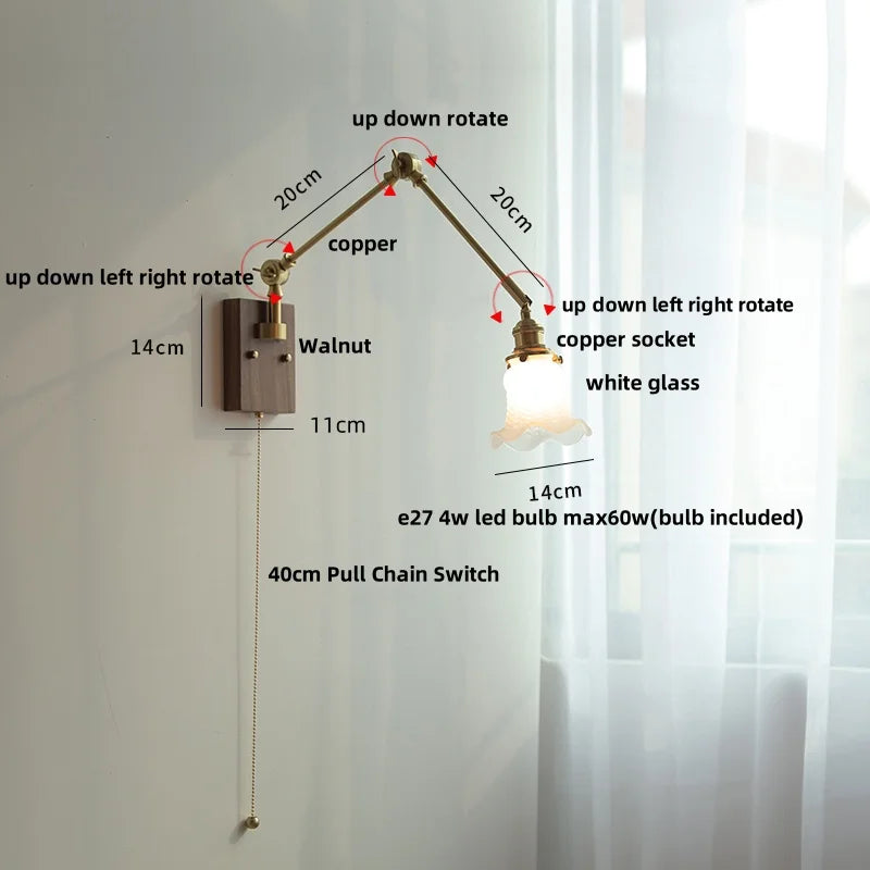 Yellow Glass LED Wall Sconce Walnut Wood Bedside Lamp
