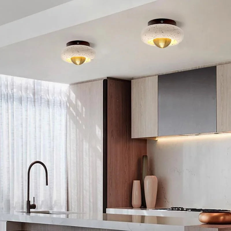 LED Ceiling Lamp Natural Yellow Travertine Walnut Wood Ceiling Lights