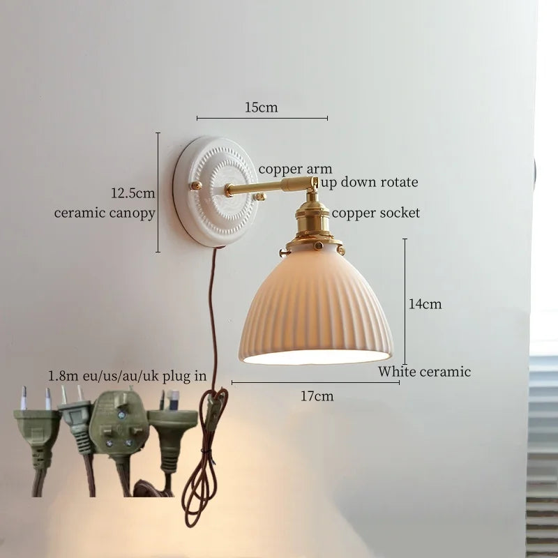Nordic Ceramic LED Wall Lights Up Down Rotate Copper Pull Chain Switch