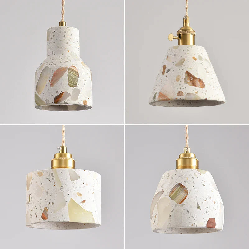 Afralia™ White Terrazzo Stone Copper LED Pendant Light Fixture - Wabi Sabi Design