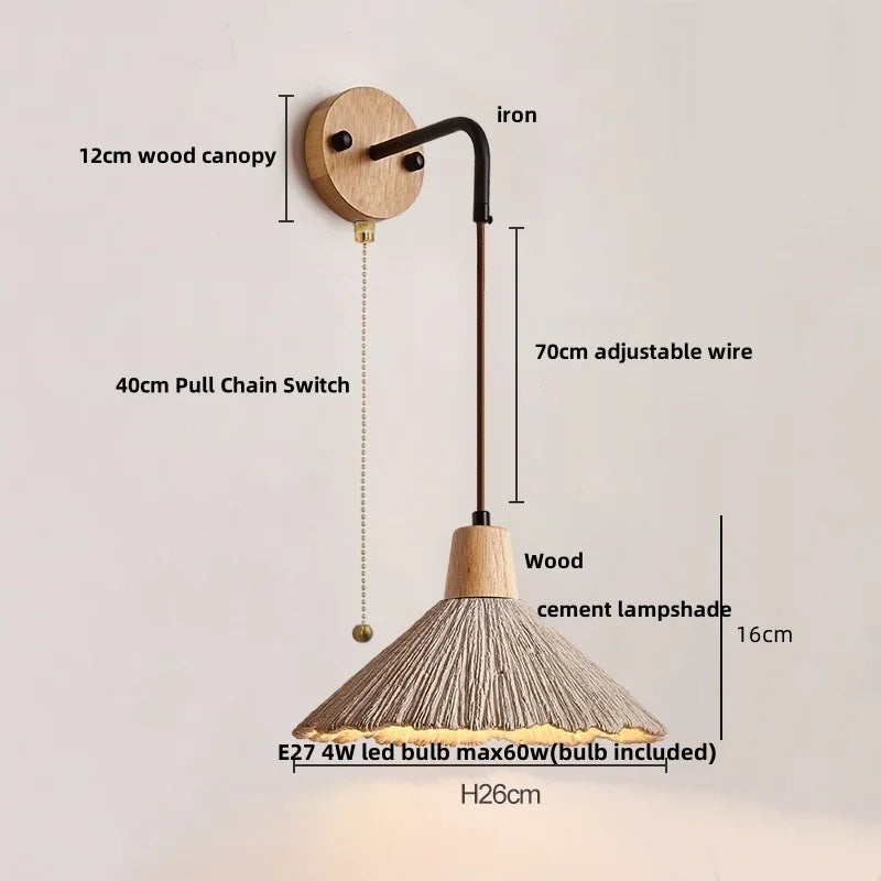 Nordic LED Wall Light Living Dining Room Sconce Wood Pull Chain Cement Lampshade