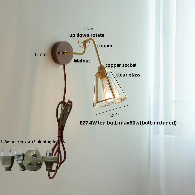 Copper Rotate Arm LED Wall Light: Clear Glass Walnut Bedside Lamp