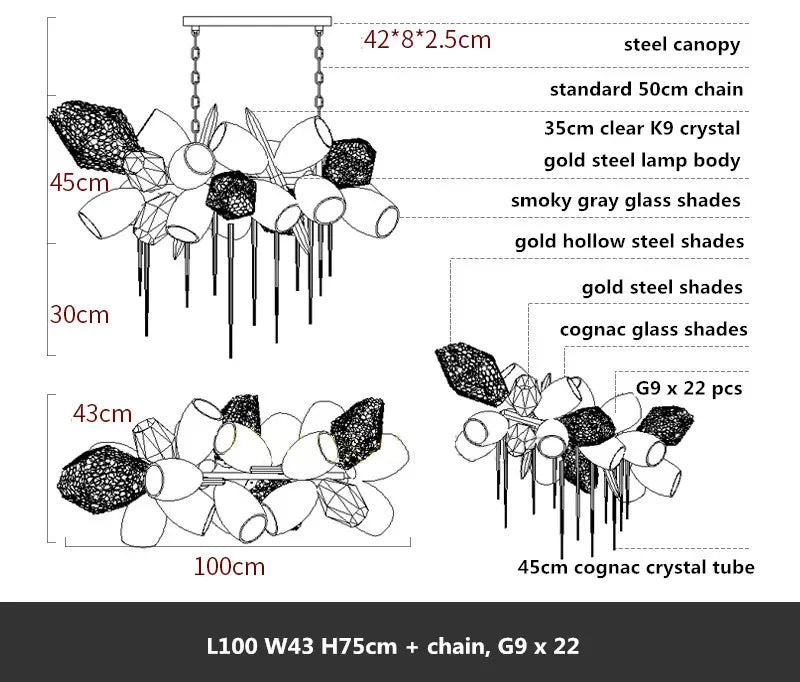 Glass Shades LED Chandelier Stairs Art Metal Lighting Luxe Chain Hanging Lamp