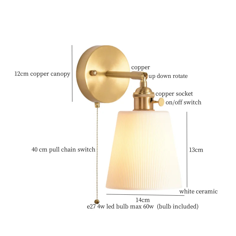 Ceramic LED Wall Sconce Light with Pull Chain Switch