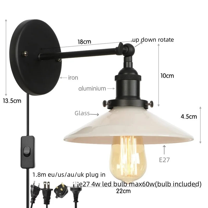 White Glass LED Wall Light Sconce Vintage Bedroom Lamp Industrial Wall Lights