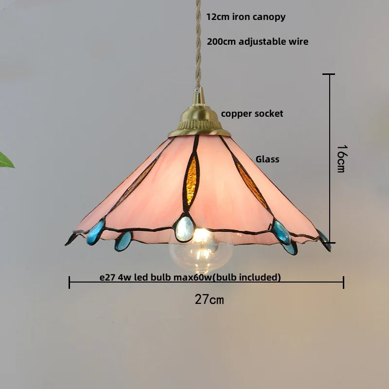 Afralia™ Walnut Wood LED Pendant Lights Tiffany Glass Hanging Lamp