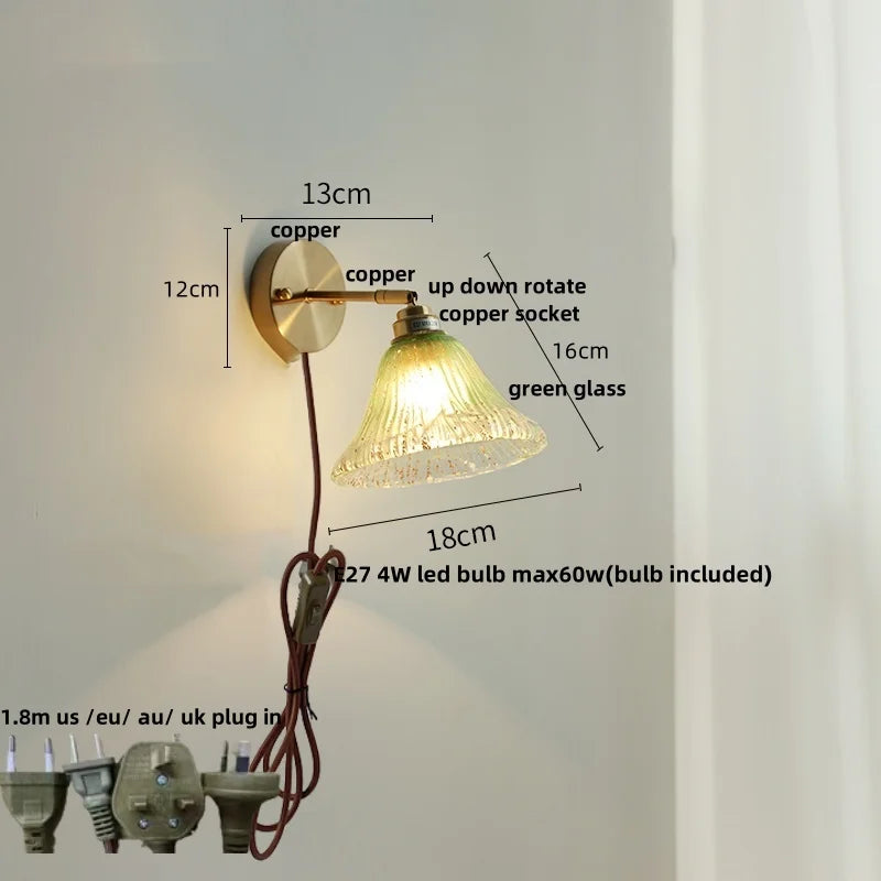 Blue Glass Wall Sconce Pull Chain Switch Rotate Stair Light