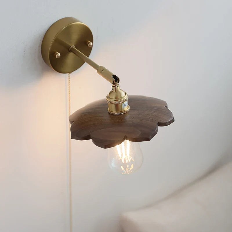 Walnut Wood LED Wall Sconce, Pull Chain Switch, Copper Socket, Bedroom Aisle Hallway
