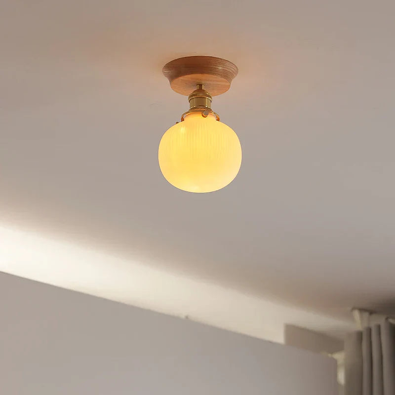 White Ceramic LED Ceiling Light with Wood Canopy for Kitchen and Living Room