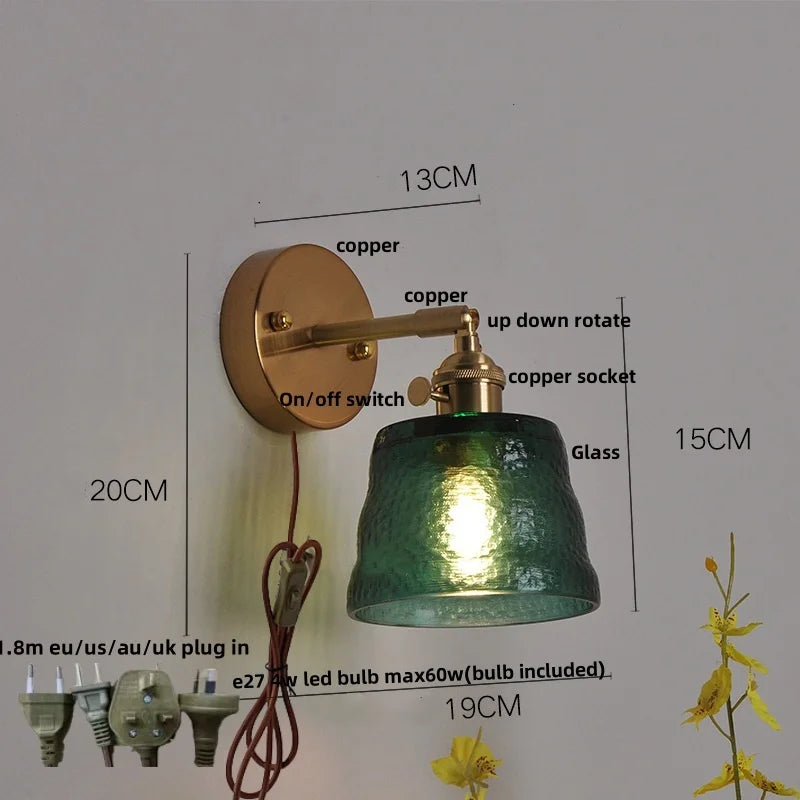 Clear Glass LED Wall Lights Brass E27 Pull Chain Switch Bedside Lamp