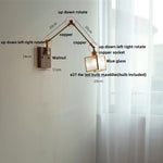 Ash Wood LED Swing Arm Wall Light with Pull Chain Switch & Blue Glass