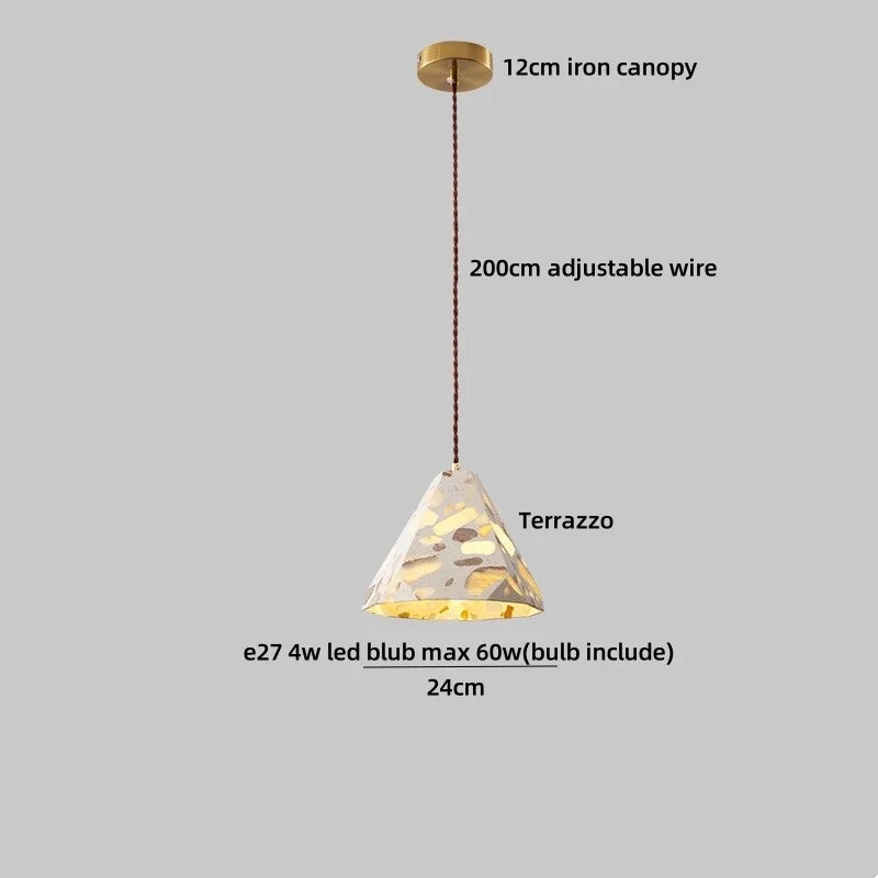 Terrazzo Brown Wood LED Pendant Light Fixture Stone Hanging Lamp
