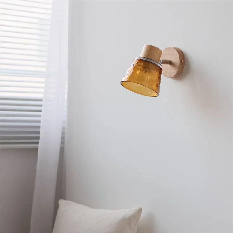 Amber Glass LED Wall Sconce Nordic Modern Wood Pull Chain Switch Stair Light