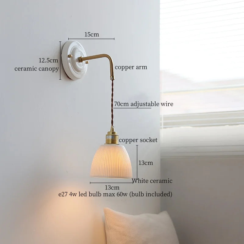 Pleats Ceramic LED Sconce Lamp with Adjustable Copper Arm for Bedroom Bathroom Mirror