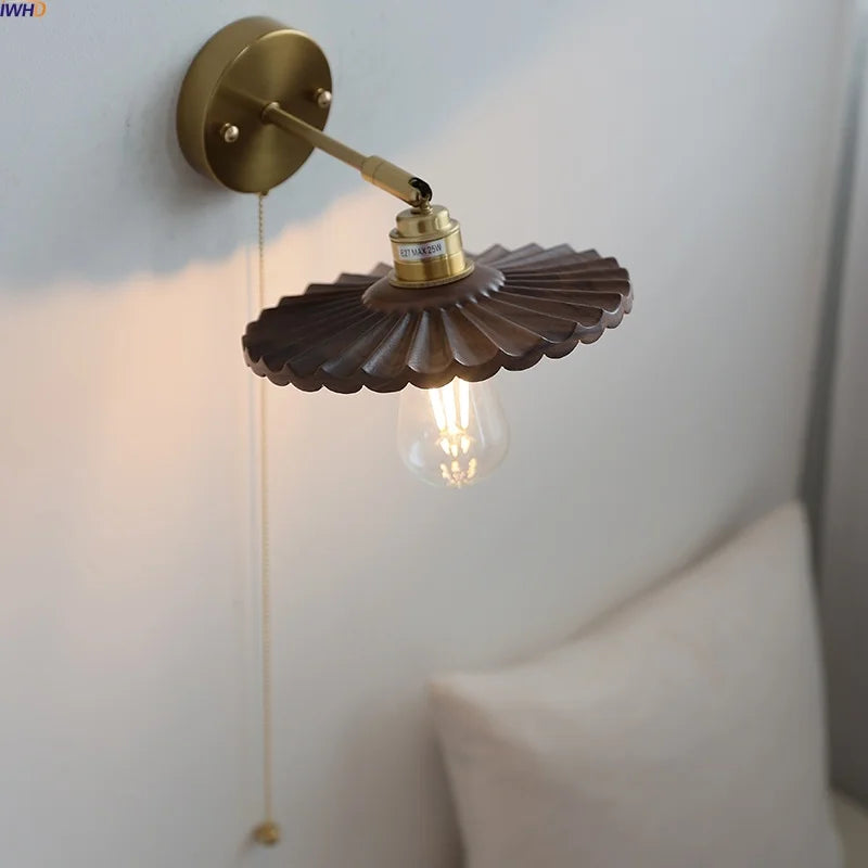 Nordic LED Wall Light Walnut Wood Copper Sconce with Pull Chain Switch