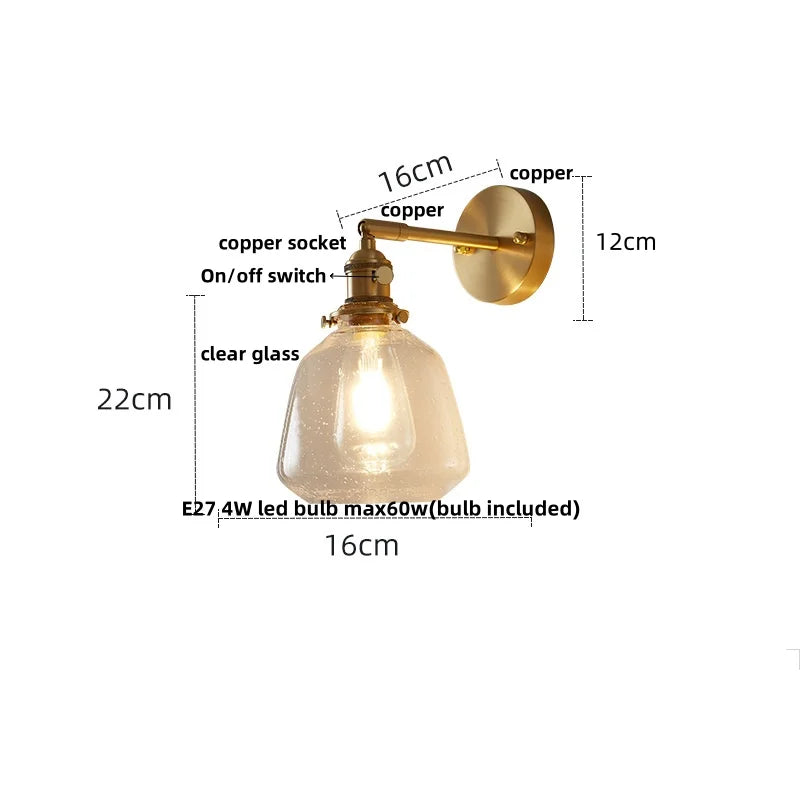 Clear Glass LED Wall Sconce, Modern Rotating Bedside Lamp with Pull Chain & Copper Socket