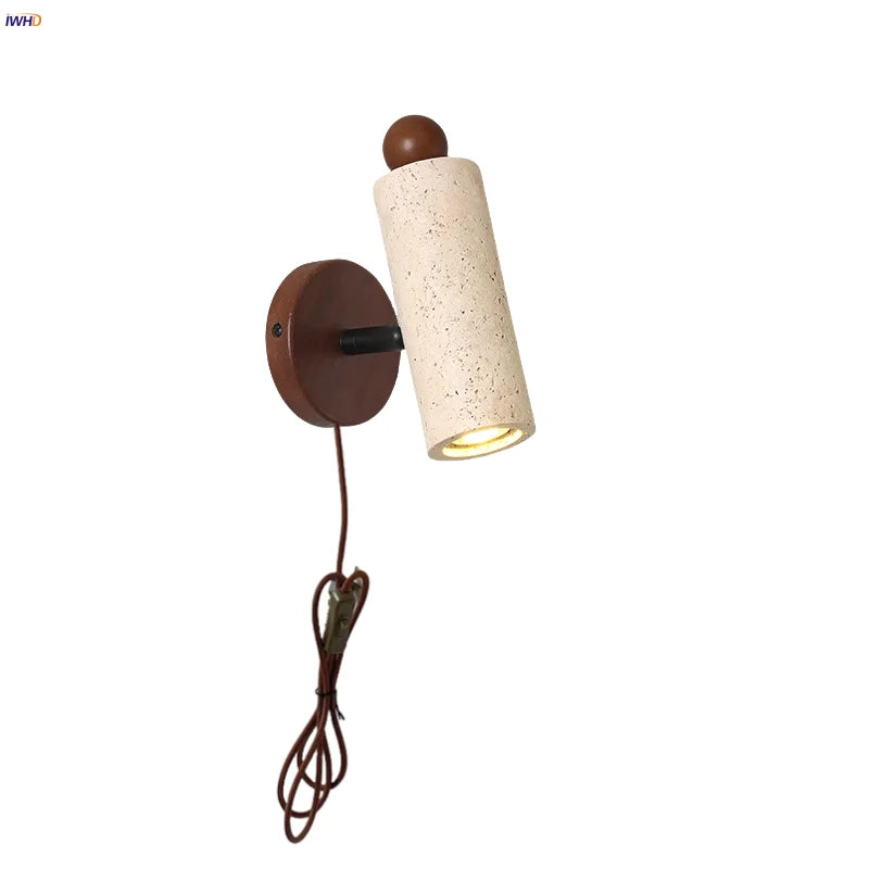 LED Wall Sconce Yellow Travertine Stone Wood Nordic Modern Rotate Bedside Lamp