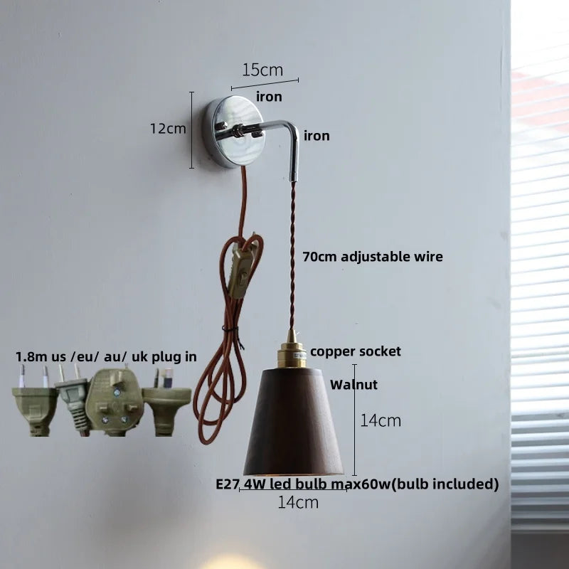 Ash Wood LED Wall Light with Pull Chain Switch, Japanese Style Bedside Lamp