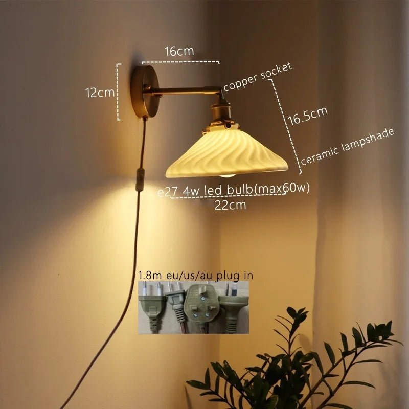 Ceramic Copper LED Wall Lamp for Bedroom Bedside Mirror Light