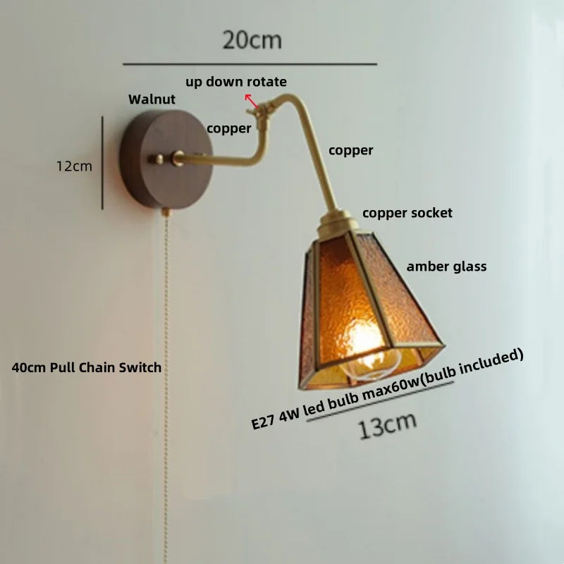 Copper Rotate Arm LED Wall Light: Clear Glass Walnut Bedside Lamp