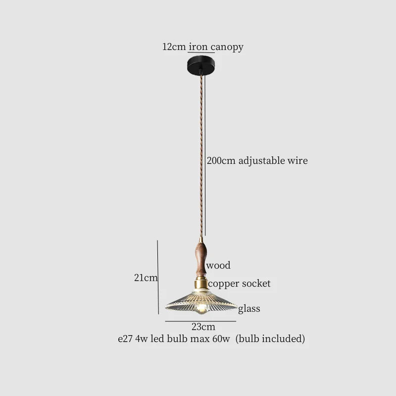 Copper Wood Glass LED Pendant Lamp - French Minimalist Design for Home Decor