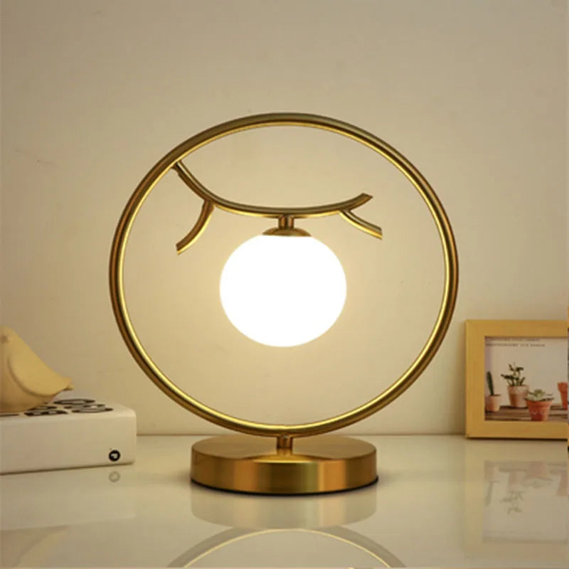 LED Brass Glass Table Lamp for Bedside Reading Desk - Modern Round Ring Design