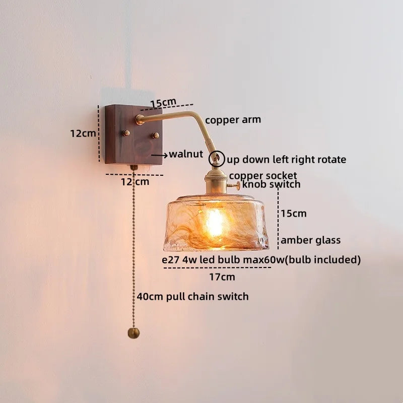 Walnut Copper LED Wall Lights Fixture with Pull Chain Switch - Modern Bedside Lamp