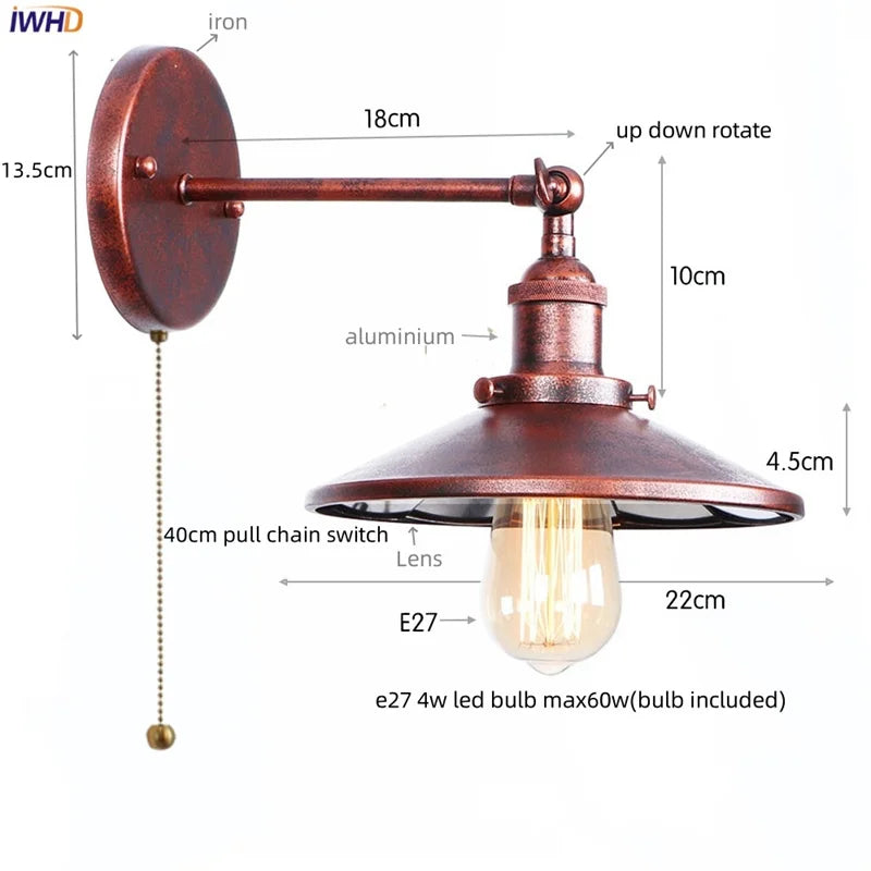 Afralia™ Vintage LED Wall Lights Pull Chain Lens Stair Aisle Bedside Lamp Iron Lightings