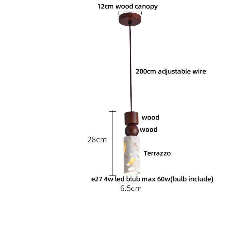 Terrazzo Brown Wood LED Pendant Light Fixture Stone Hanging Lamp