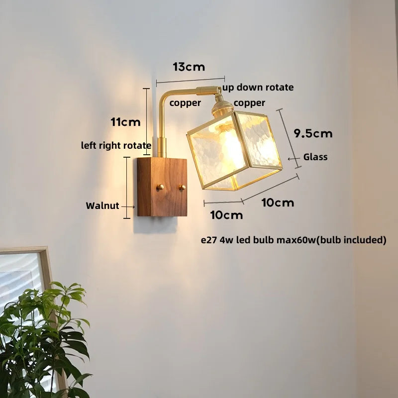 Wood Cube Glass LED Wall Lights with Pull Chain Switch for Modern Interiors