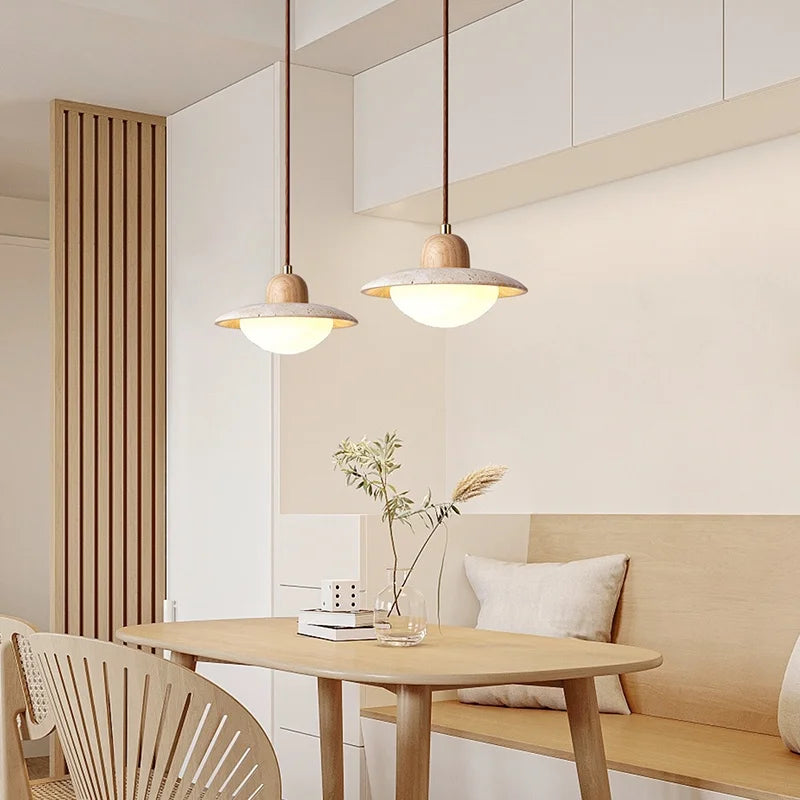 LED Pendant Lights Yellow Travertine Wood Hanging Lamp for Bedroom Dining Room