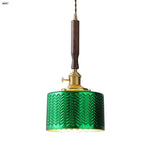 Modern Walnut Wood LED Pendant Lights with Green Glass & Copper Knob Switch