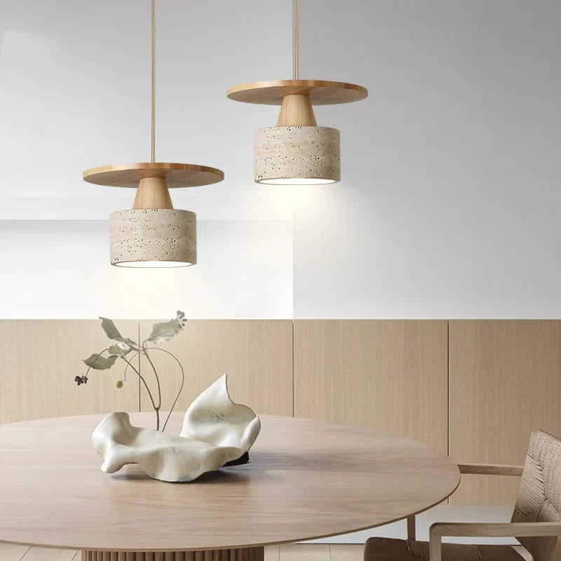 Yellow Travertine LED Pendant Lamp with Natural Wood Accent