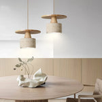 Yellow Travertine LED Pendant Lamp with Natural Wood Accent