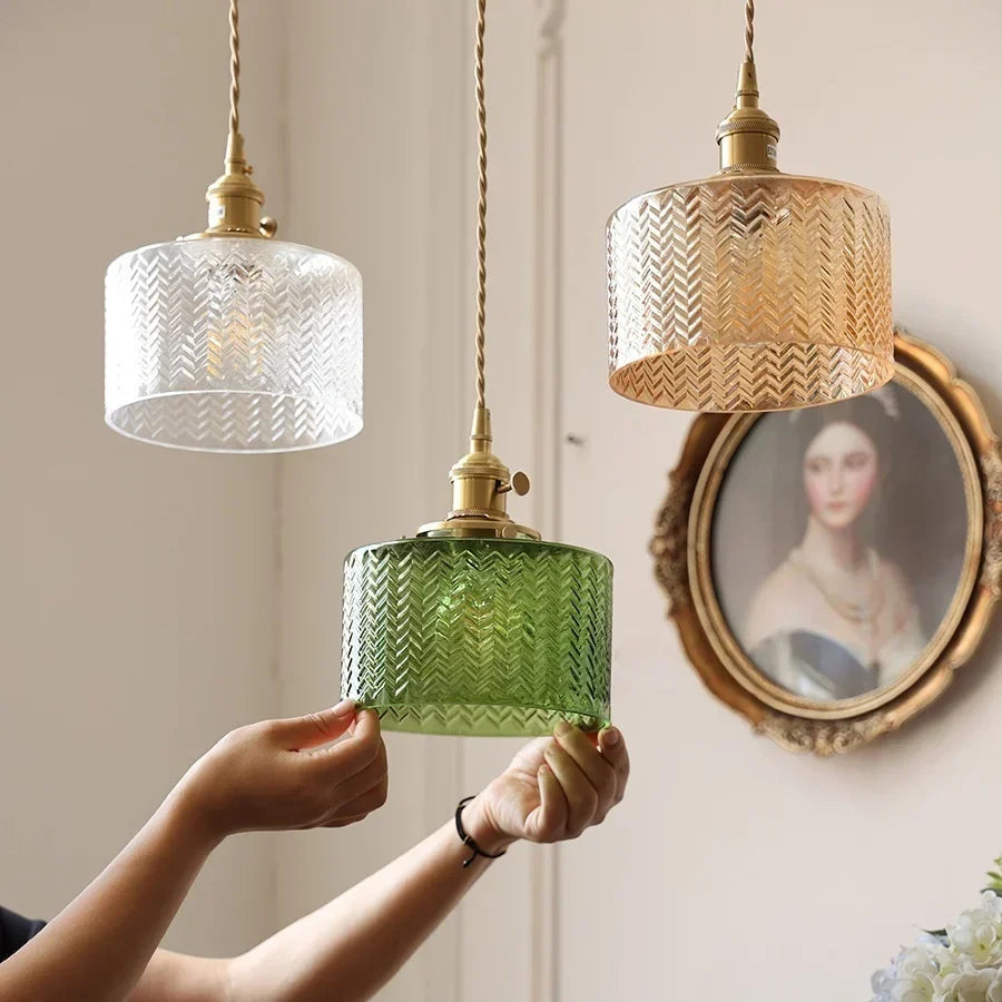 Afralia™ Stripe Glass LED Pendant Light Fixture, Japan Style, Coffee Bar, Hallway Decor