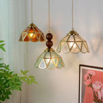 Afralia™ Tiffany Wood Globe LED Pendant Lamp for Kitchen Cafe Reading, Gold Copper Blue Glass