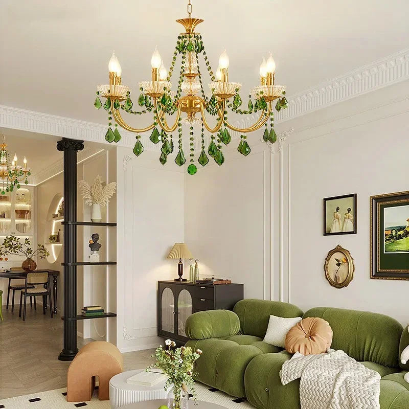 Green Crystal Chandelier for Living Room - Bohemian Style LED Pendant Lighting
