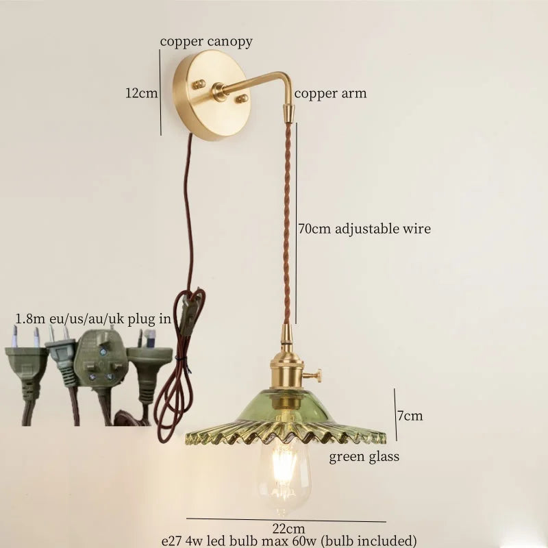 Afralia™ Green Glass LED Wall Light Fixture | Modern Nordic Pull Chain Lamp